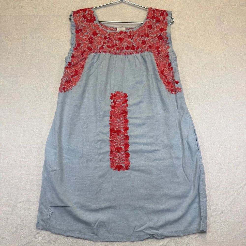 j.marie XS Light‎ Blue Red Floral Embroidered Sleeveless Shift Dress Pocket